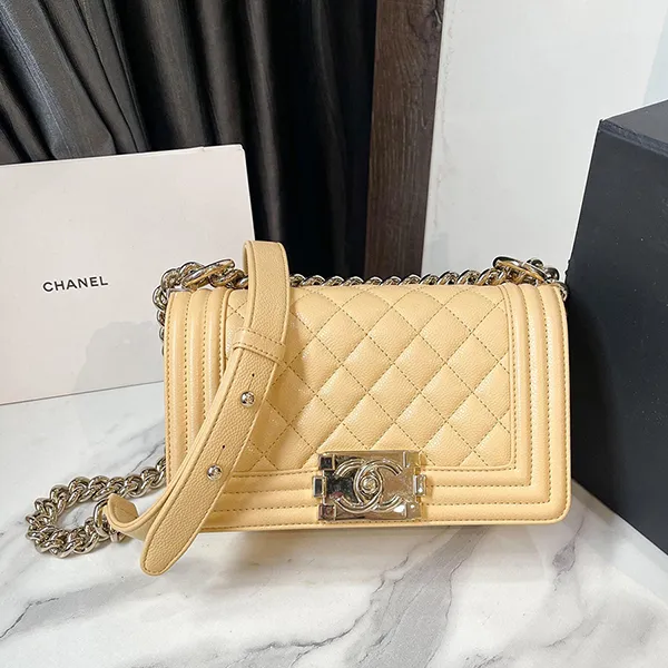 Túi Đeo Chéo Nữ Chanel Boy Caviar Yellow Small Màu Vàng Be