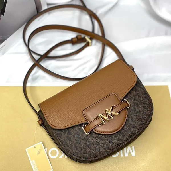 Túi Đeo Chéo Nữ Michael Kors MK Reed Small Logo And Leather Crossbody Bag 35F3G6RC1B Brown Màu Nâu Đen - Túi xách - Vua Hàng Hiệu