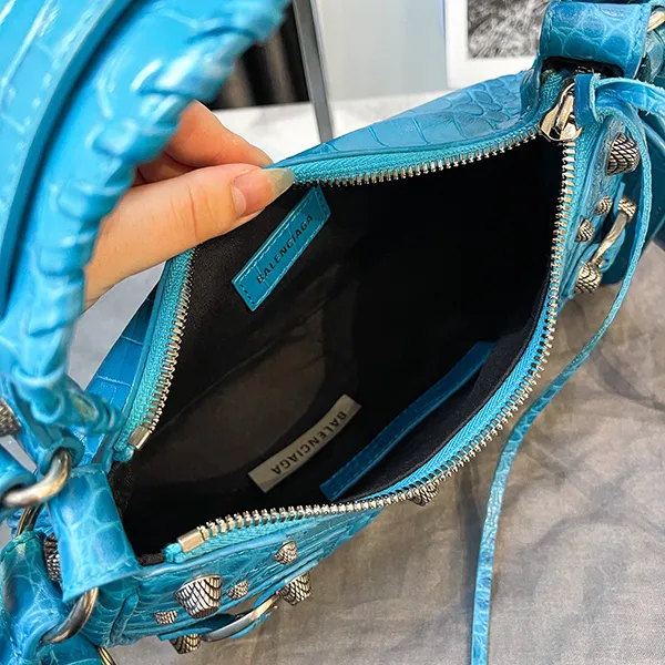 Túi Đeo Vai Nữ Balenciaga Le Cagole XS Shoulder Bag Crocodile Embossed Màu Xanh Dương