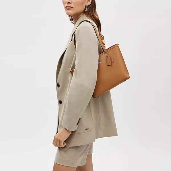 Túi Tote Nữ Coach Small City CT859 Silver/Light Saddle Màu Nâu