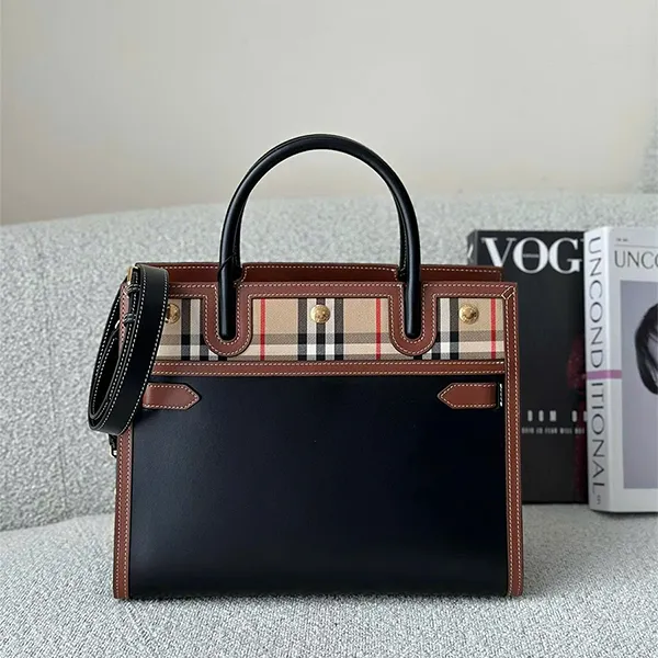 Túi Xách Nữ Burberry Mini Two - Handle Title Bag Màu Đen Nâu