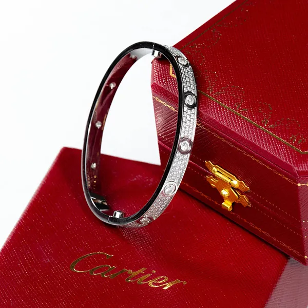 Vòng Đeo Tay Jewery Luxury Love Bracelet Vàng Trắng 18k, 216 Viên Kim Cương Màu Trắng Bạc Size 16