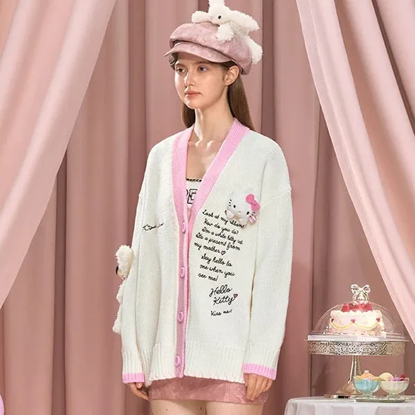 Áo Cardigan Nữ 13 De Marzo Hello Kitty Bear Suture Cardigan White Màu Trắng Phối Hồng Size S