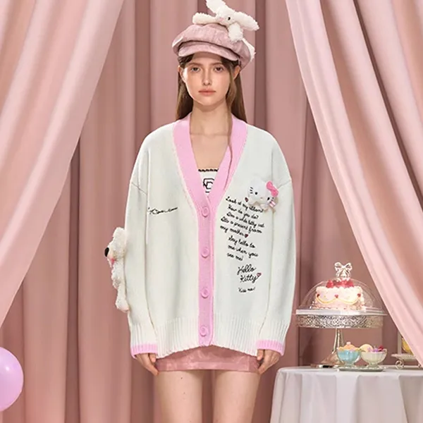 Áo Cardigan Nữ 13 De Marzo Hello Kitty Bear Suture Cardigan White Màu Trắng Phối Hồng Size S