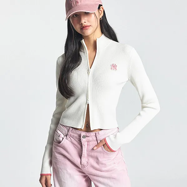 Áo Cardigan Nữ MLB Rib Zip Up New York Yankees 3FKCV0444-50CRD Màu Kem Size XS