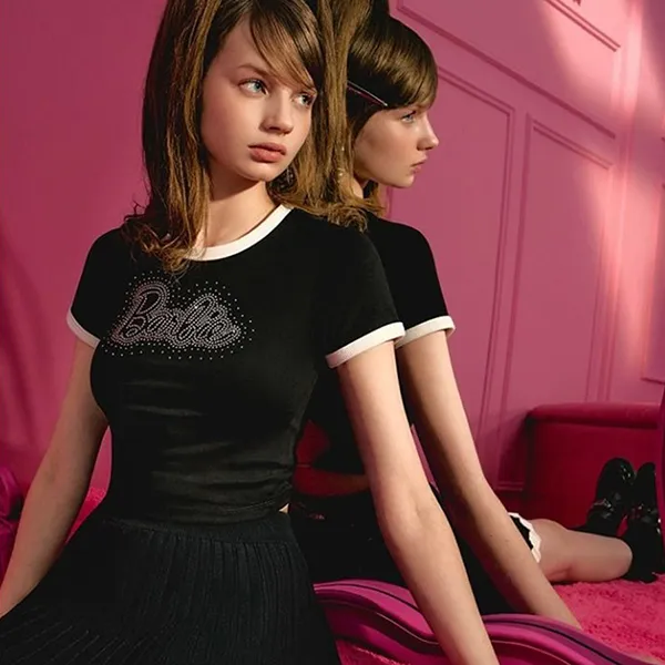 Áo Croptop Nữ Weird Market Barbie Rhinestone Printed Top Moonless Night Black Pickleball Màu Đen Size M