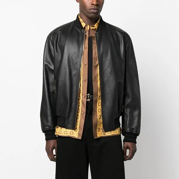 Áo Khoác Nam Versace Greca Leather Bomber Jacket Màu Đen Size 44