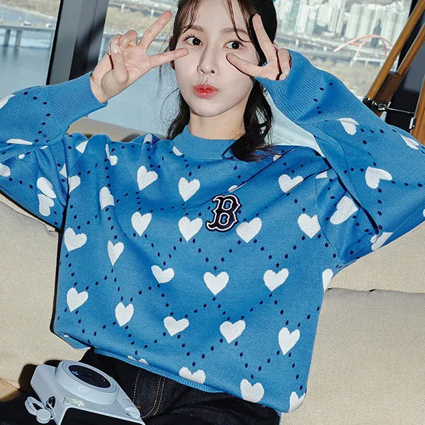 Áo Nỉ Sweater MLB Heart Overfit Long Sleeve Sweatshirt 100179473005_3AKPH0131 Màu Xanh Dương Size S - Thời trang - Vua Hàng Hiệu