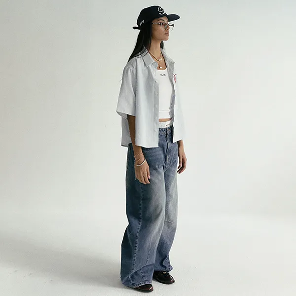 Áo Sơ Mi Nữ Badblood Classic Logo Short Sleeve Shirt Blue Stripes W-Sht24-014 Màu Xanh Size S