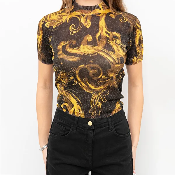 Áo Thun Nữ Versace Jeans Couture 76HAFMN8 CMN45 G89 Maglia Màu Đen Vàng Size S