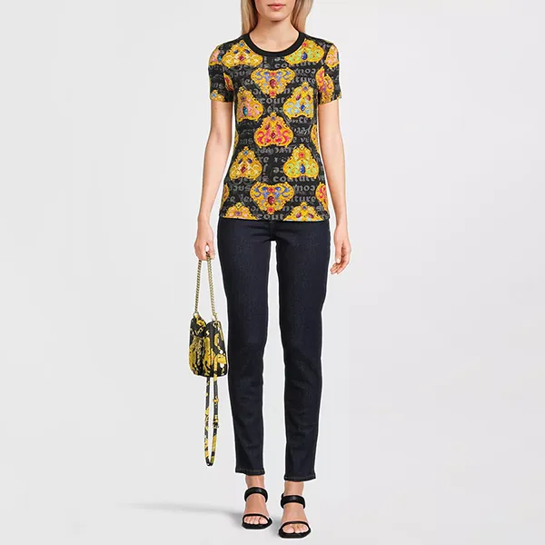 Áo Thun Nữ Versace Jeans Couture Graphic T-Shirt 76HAH6B8 JS342 G89 Màu Đen/Vàng Size M
