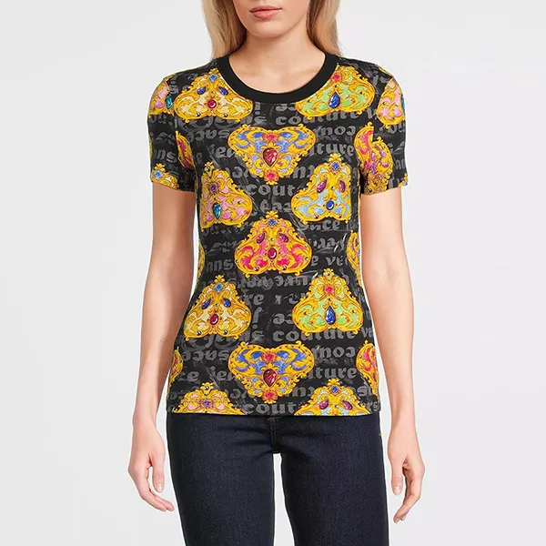 Áo Thun Nữ Versace Jeans Couture Graphic T-Shirt 76HAH6B8 JS342 G89 Màu Đen/Vàng Size M