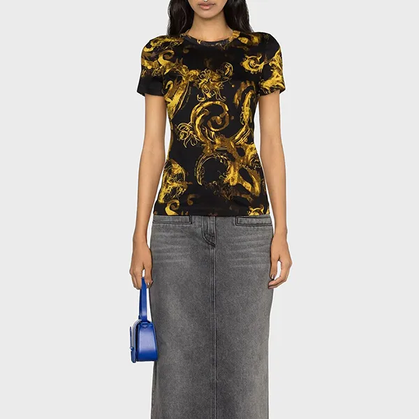 Áo Thun Nữ Versace Jeans Couture T-Shirt 76HAH6D8 JS287 G89 Màu Đen/Vàng Size XS