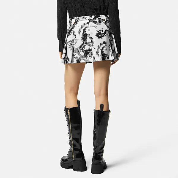 Chân Váy Chữ A Nữ Versace Watercolor Couture Pleated Mini Skirt 76HAE814 NS403 003 Màu Trắng/Đen Size 38