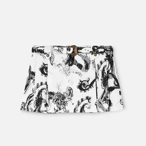 Chân Váy Chữ A Nữ Versace Watercolor Couture Pleated Mini Skirt 76HAE814 NS403 003 Màu Trắng/Đen Size 38