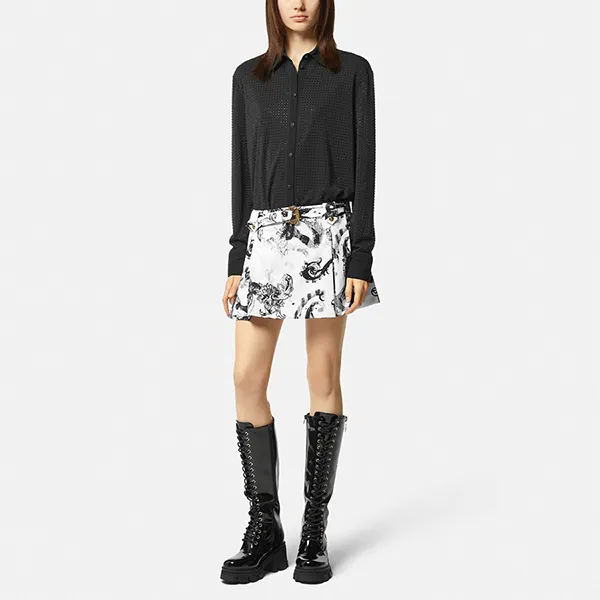 Chân Váy Chữ A Nữ Versace Watercolor Couture Pleated Mini Skirt 76HAE814 NS403 003 Màu Trắng/Đen Size 38