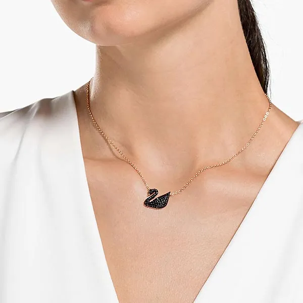 Dây Chuyền Nữ Swarovski Iconic Swan Pendant Black Rose-Gold Tone Plated 5204134 Màu Vàng Đen (Box Hồng)