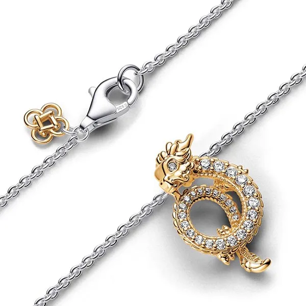 Dây Chuyền Pandora Moments Mạ Vàng 14K Hình Rồng Đính Đá 363070C01 Màu Vàng Trắng