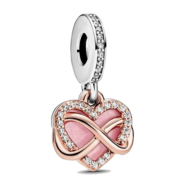 Hạt Vòng Charm Pandora Sparkling Infinity Heart Dangle Charm 788878C01 Màu Vàng Hồng