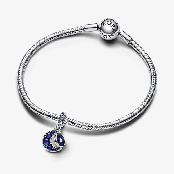 Hạt Vòng Charm Pandora Sparkling Moon Spinning Dangle 792979C01 Màu Xanh Bạc