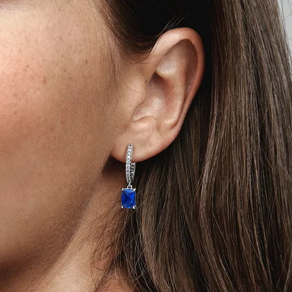 Khuyên Tai Nữ Pandora Blue Rectangular Sparkling Hoop Earrings 292381C01 Màu Bạc Xanh