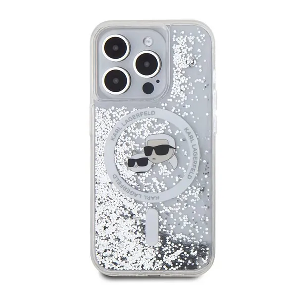 Ốp Điên Thoại Karl Lagerfeld Magsafe Liquid Glitter Hard Case With Karl & Choupette Head For iPhone 16 Pro Max Trong Suốt