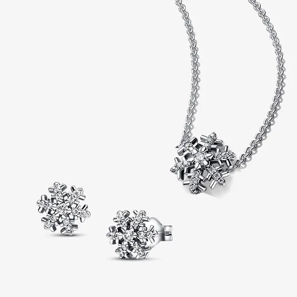 Set Dây Chuyền + Khuyên Tai Nữ Pandora Sparkling Snowflake Pendant Necklace And Earring Màu Bạc