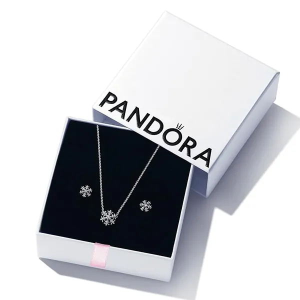 Set Dây Chuyền + Khuyên Tai Nữ Pandora Sparkling Snowflake Pendant Necklace And Earring Màu Bạc