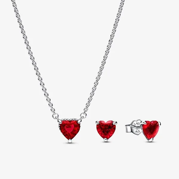 Set Dây Chuyền Và Khuyên Tai Nữ Pandora Sparkling Red Heart Jewelry Gift B802278-2 Màu Bạc Đỏ - Trang sức - Vua Hàng Hiệu