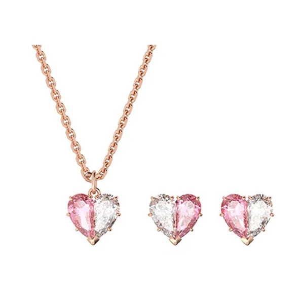 Set Dây Chuyền Và Khuyên Tai Nữ Swarovski Gema 520 Pendant Heart, Pink, Rose Gold Tone Plated Màu Vàng Hồng