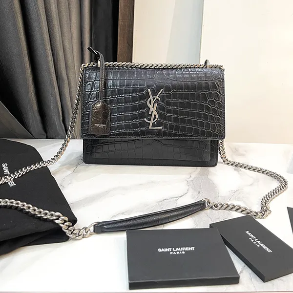 Túi Đeo Chéo Nữ Yves Saint Laurent YSL Croc Embossed Leather Monogram Sunset Shoulder Bag Màu Đen - Túi xách - Vua Hàng Hiệu