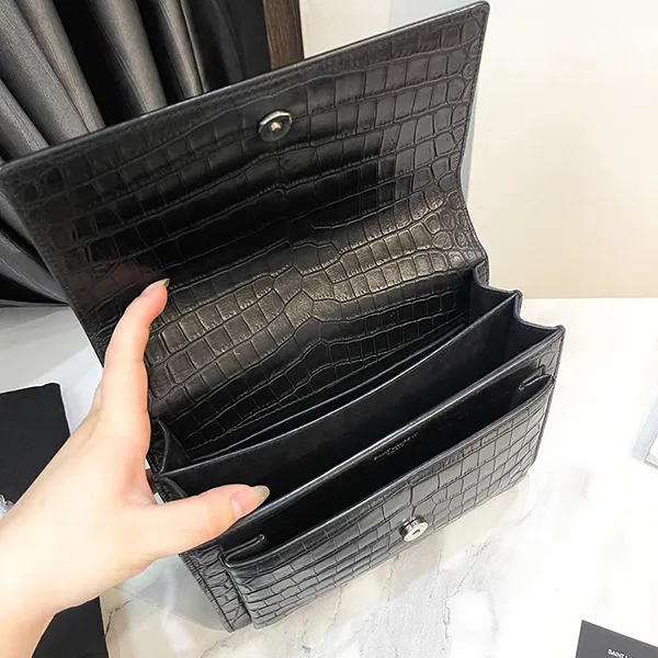 Túi Đeo Chéo Nữ Yves Saint Laurent YSL Croc Embossed Leather Monogram Sunset Shoulder Bag Màu Đen - Túi xách - Vua Hàng Hiệu