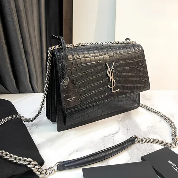 Túi Đeo Chéo Nữ Yves Saint Laurent YSL Croc Embossed Leather Monogram Sunset Shoulder Bag Màu Đen - Túi xách - Vua Hàng Hiệu