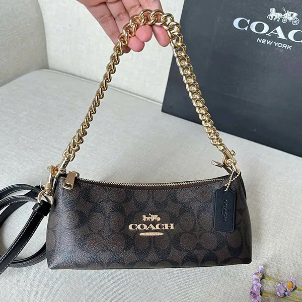 Túi Đeo Vai Nữ Coach Charlotte Shoulder Bag In Signature Canvas Coffee Brown CL405 Màu Nâu Đen