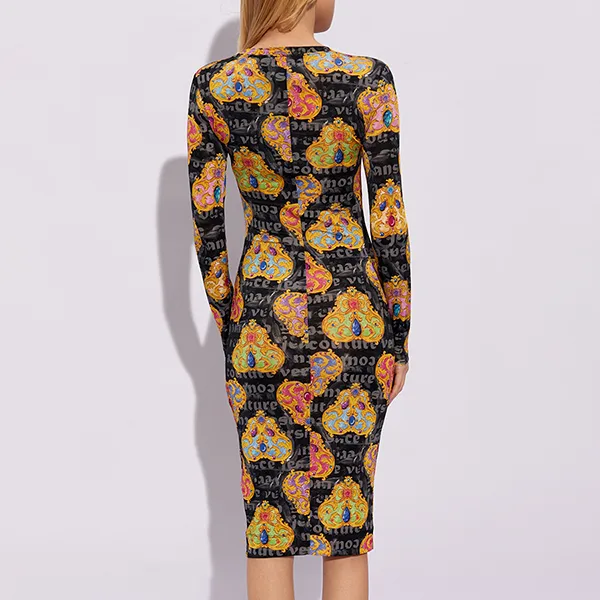 Váy Body Nữ Versace Jeans Couture Multicolour Dress With Long Sleeves 76HAO938 JS343 G89 Màu Đen/Vàng Size 40