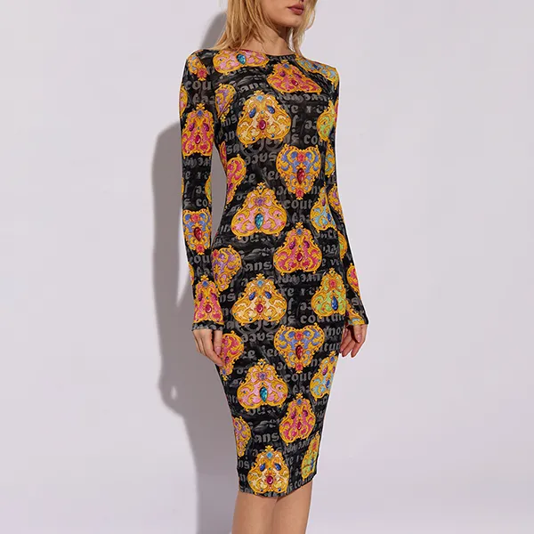 Váy Body Nữ Versace Jeans Couture Multicolour Dress With Long Sleeves 76HAO938 JS343 G89 Màu Đen/Vàng Size 40