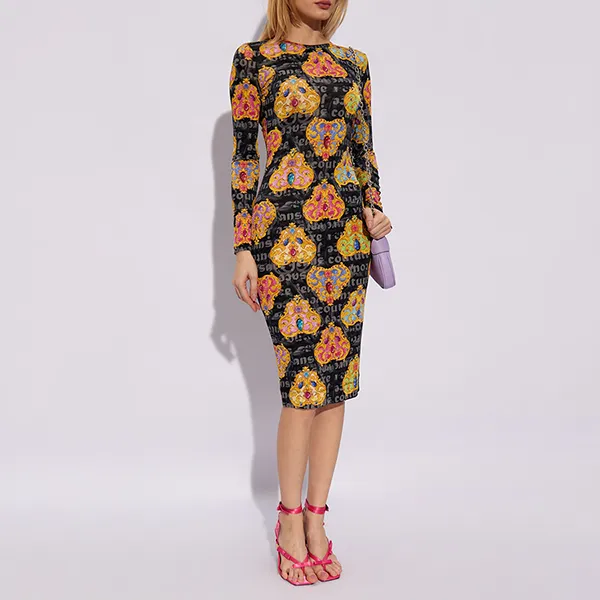 Váy Body Nữ Versace Jeans Couture Multicolour Dress With Long Sleeves 76HAO938 JS343 G89 Màu Đen/Vàng Size 40