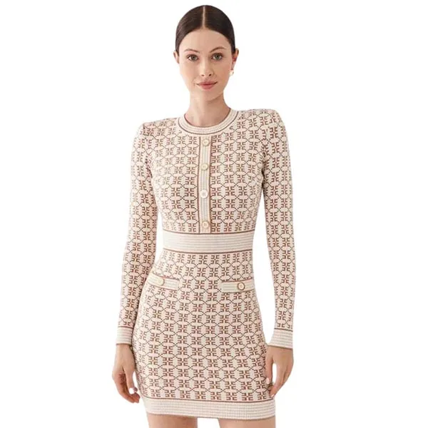 Váy Len Nữ Elisabetta Franchi In Beige AM 94Q 36E2 V550 Màu Be Phối Trắng Size 38