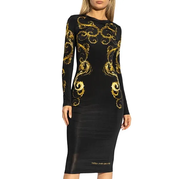 Váy Nữ Versace Jeans Couture Black With Baroque Printed 77HAO9P8JS419G89 Màu Đen Vàng Size 38