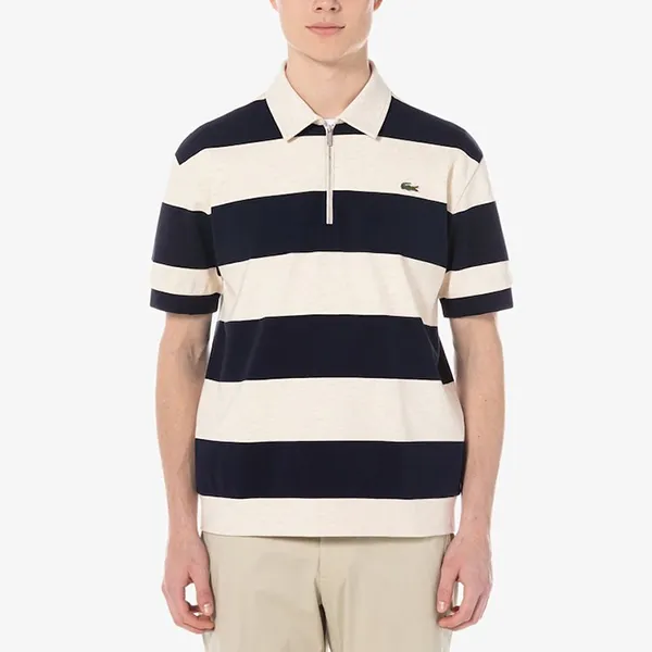 Áo Polo Nam Lacoste Half Zip Color Block Polo Shirt PH544E 166 Màu Xanh Navy Trắng Size 3