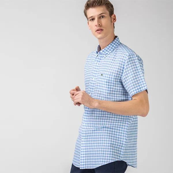 Áo Sơ Mi Cộc Tay Nam Lacoste Men's Regular Fit Plaid Patterned CH0053K.53M Màu Xanh Trắng Size 39