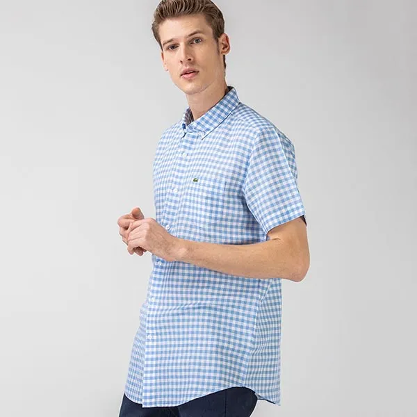 Áo Sơ Mi Nam Lacoste Regular Fit Short Sleeve Plaid Patterned Blue Shirt CH0053 - 53M Màu Xanh Nhạt Size 39