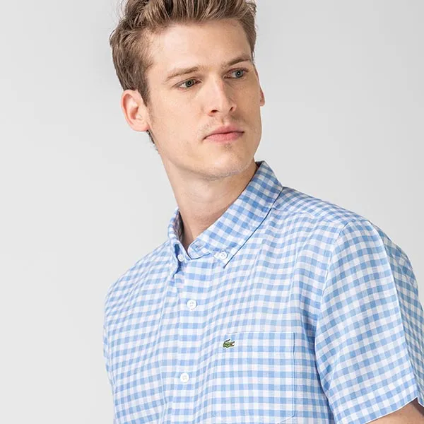 Áo Sơ Mi Nam Lacoste Regular Fit Short Sleeve Plaid Patterned Blue Shirt CH0053 - 53M Màu Xanh Nhạt Size 39