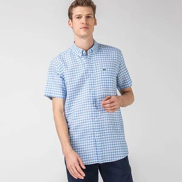 Áo Sơ Mi Nam Lacoste Regular Fit Short Sleeve Plaid Patterned Blue Shirt CH0053 - 53M Màu Xanh Nhạt Size 39