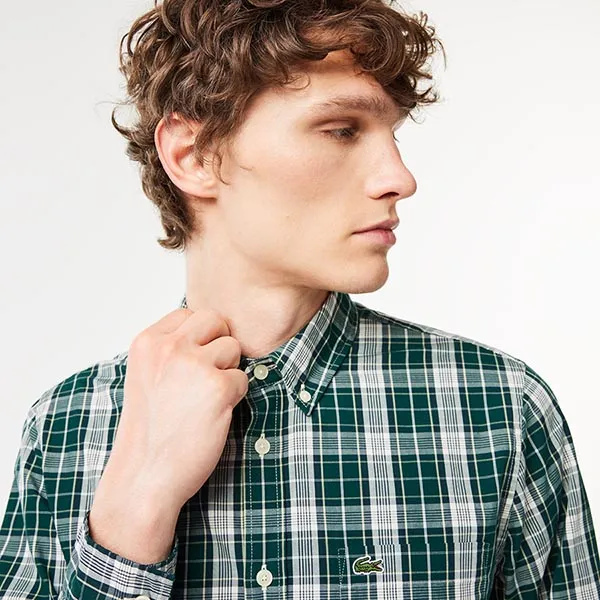 Áo Sơ Mi Nam Lacoste Slim Fit Stretch Plaid Shirt CH3745 - IX9 Màu Xanh Green Size 38