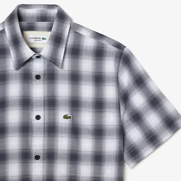 Áo Sơ Mi Nam Ngắn Tay Lacoste Men's Short Sleeve Plaid Shirt CH3749 KBR Màu Đen Trắng Size 41
