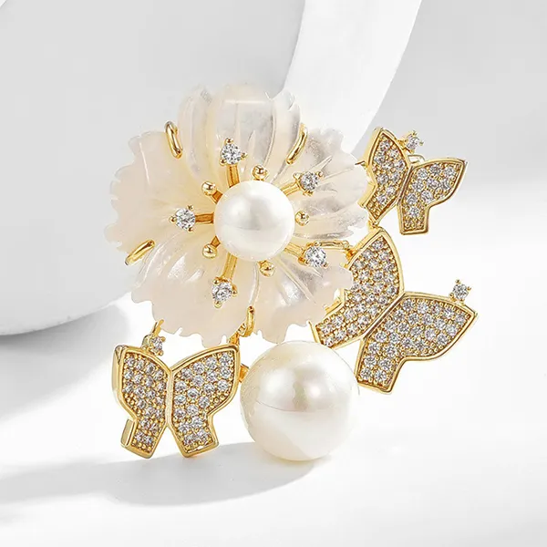 Cài Áo Nữ Kya Jewel Hoa Xà Cừ Và Bướm BR645 Màu Trắng Vàng - Phụ kiện - Vua Hàng Hiệu