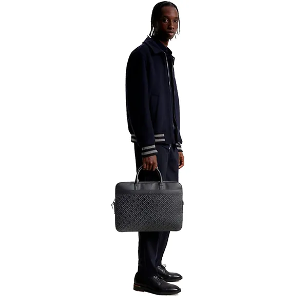 Cặp Xách Tay Nam Tommy Hilfiger Monogram Embossed Laptop Bag AM11525 - 001 Màu Đen
