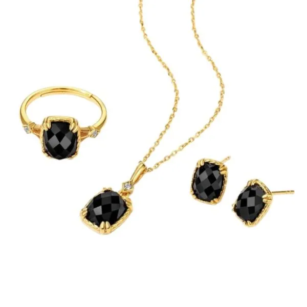 Combo Dây Chuyền + Khuyên Tai + Nhẫn Nữ Lili Jewelry Đính Mã Não Đen LILI_878118 Màu Vàng Đen - Trang sức - Vua Hàng Hiệu