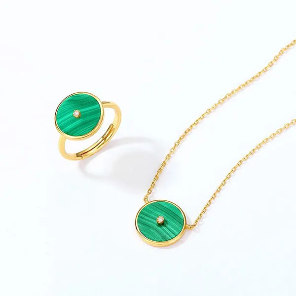 Combo Dây Chuyền + Nhẫn Nữ Lili Jewelry Mạ Vàng Đính Đá CZ, Malachite Khổng Tước LILI_928664 Màu Xanh